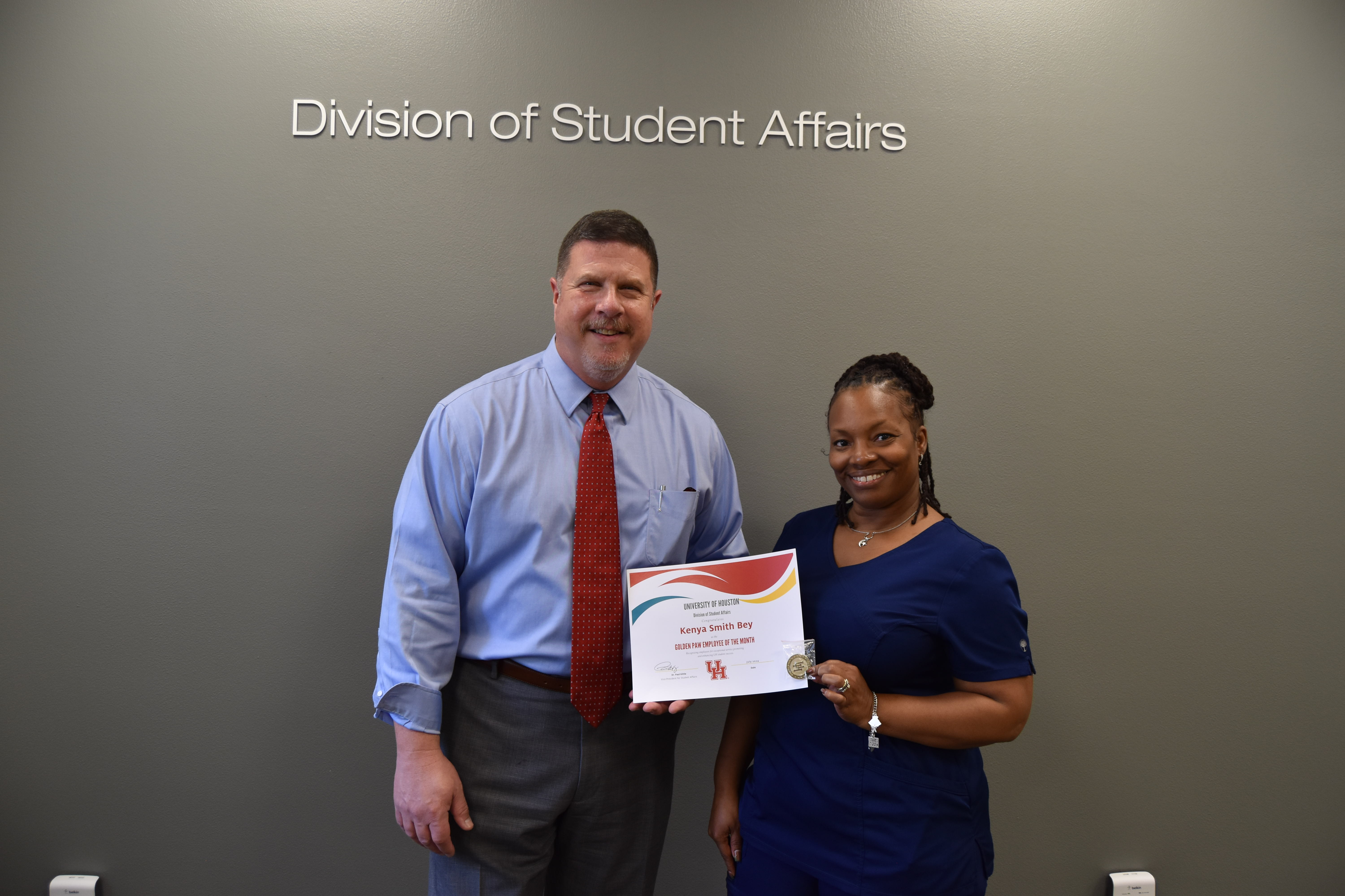 Kenya Smith Bey (Right), Certified Medical Assistant: Primary Care for the UH Health Student Center, pictured with Vice Chancellor/Vice President for Student Affairs, Dr. Paul Kittle.