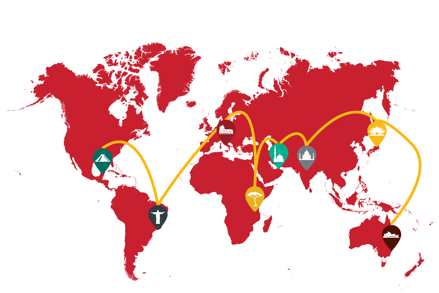 World Map showing famous travel destinations