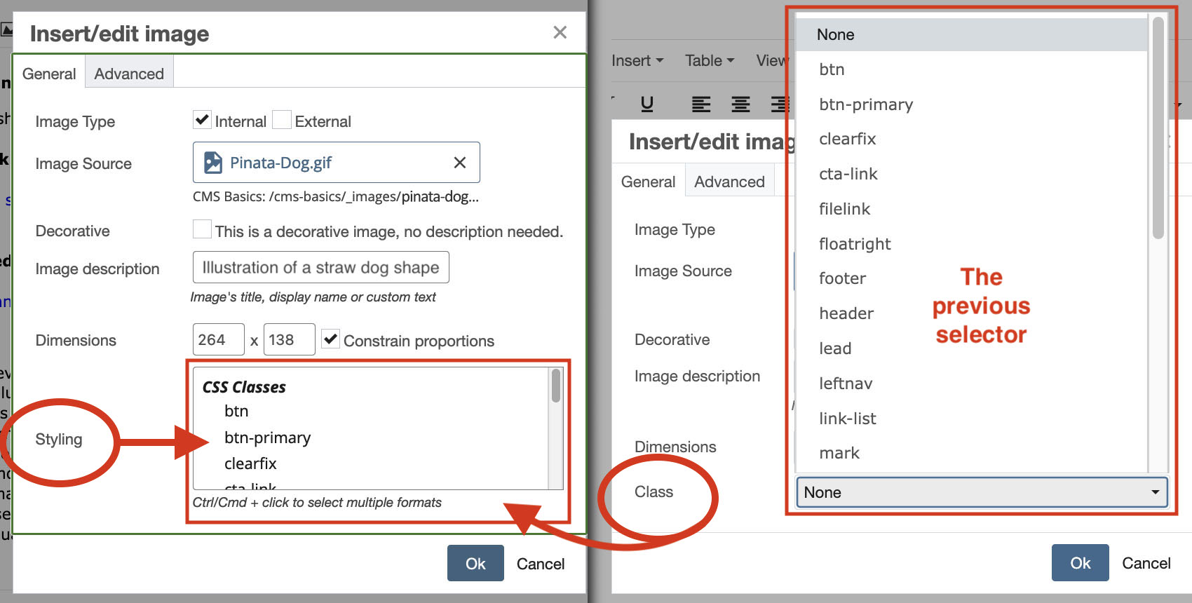 Illustration comparing newer v8.23 CSS selector with the v8.15.1 css selector