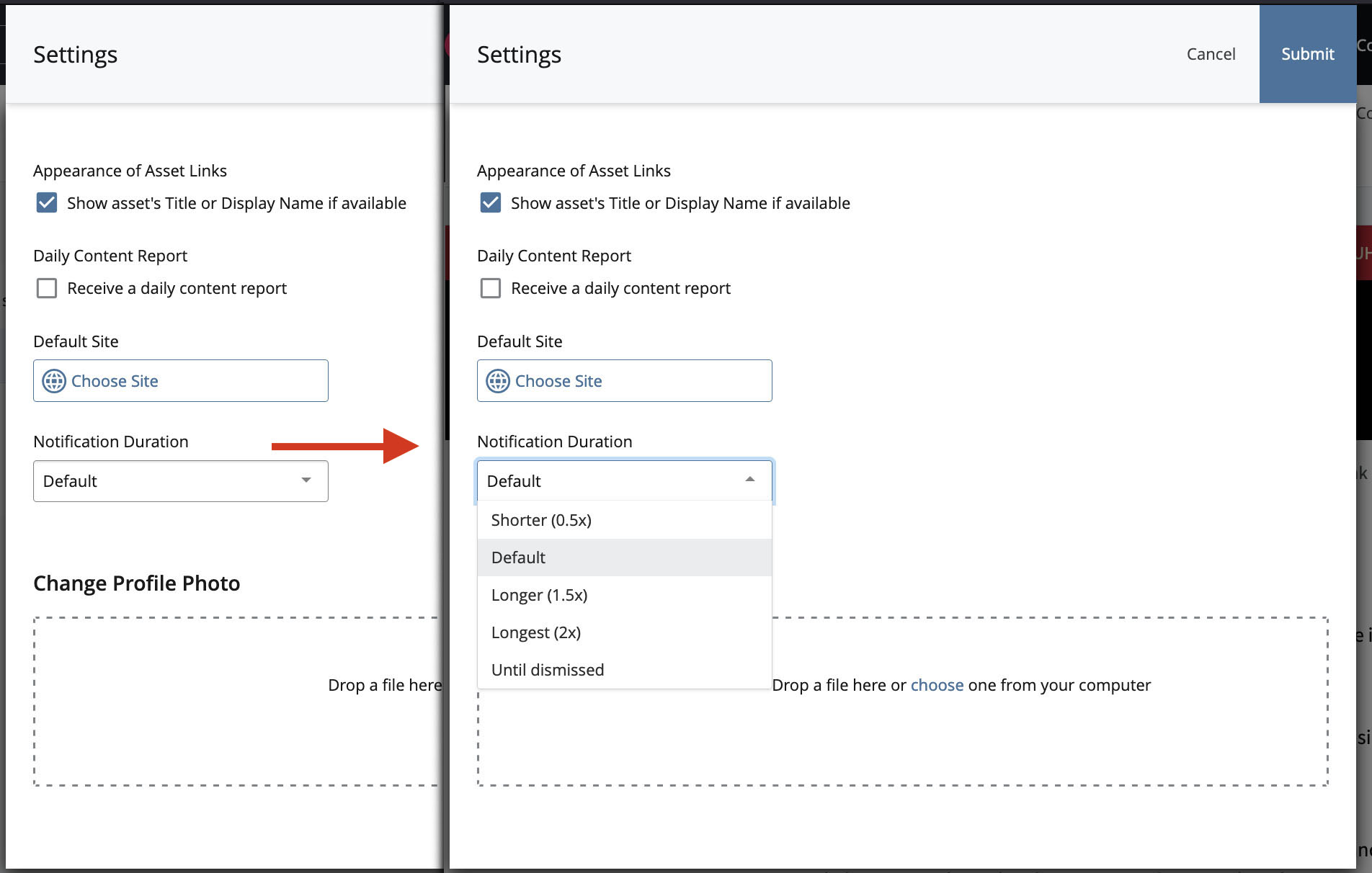 User Settings Dialog version 8.23 showing alert duration options: Shorter 0.5x, Default, Longer 1.5x, Longest 2x, Until Dismissed