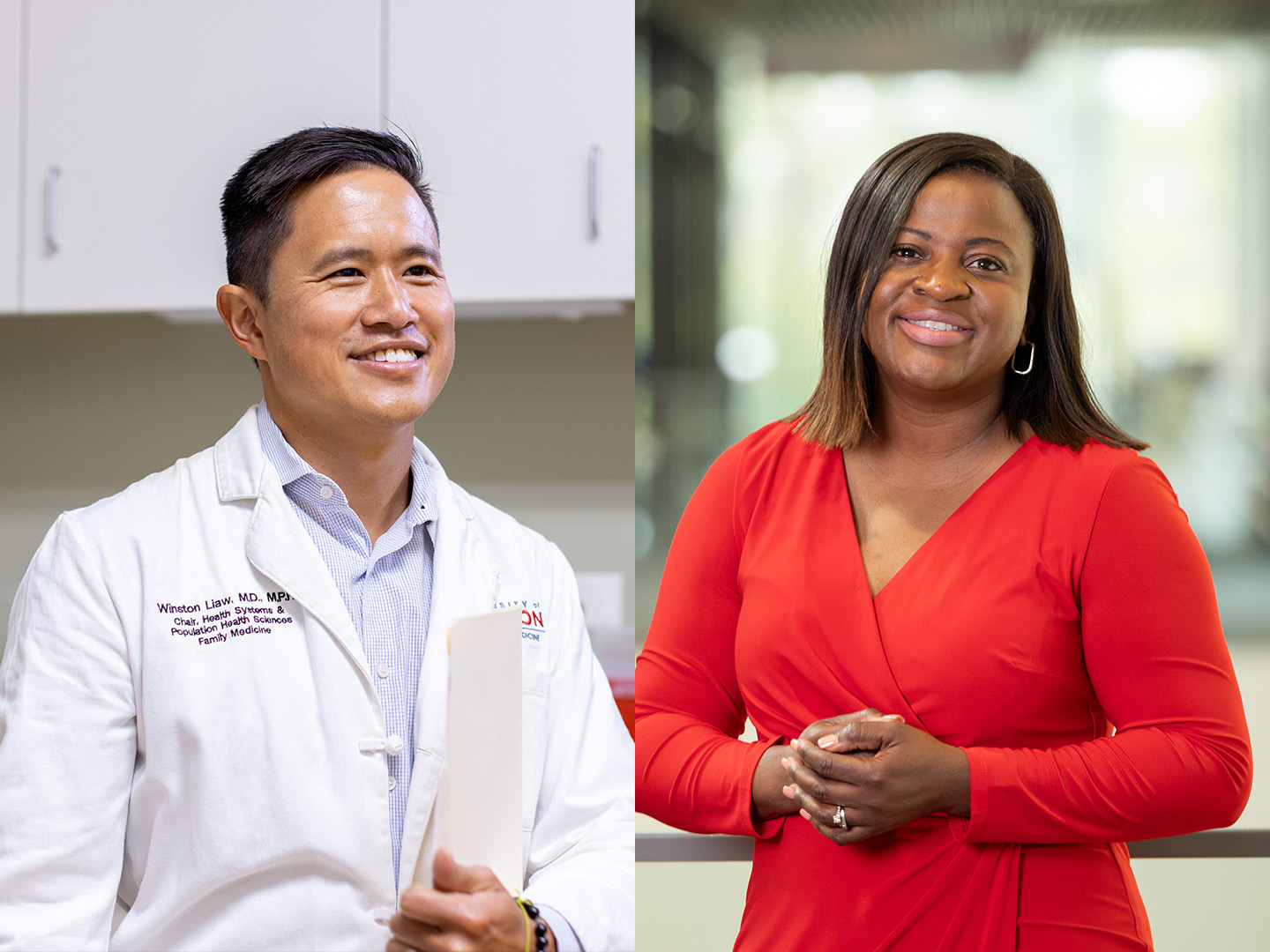 Dr. Winston Liaw in a white coat on the left and Lola Adepoju in a red outfit on the right.