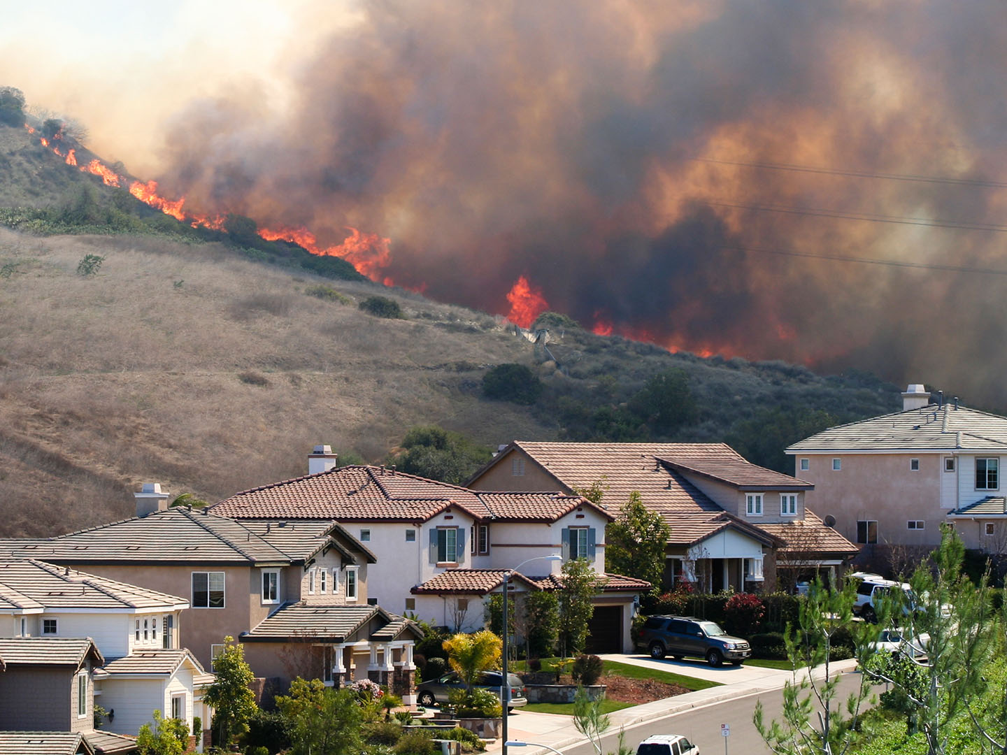 fire burning above homes in los angeles